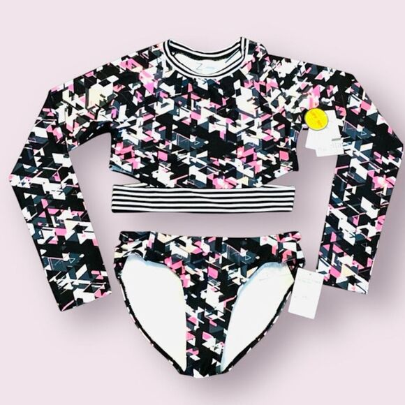 Zella Girl Sand & Sea Long Sleeve Two-piece Rashguard Swimsuit Black/Multi S14 - Picture 1 of 7